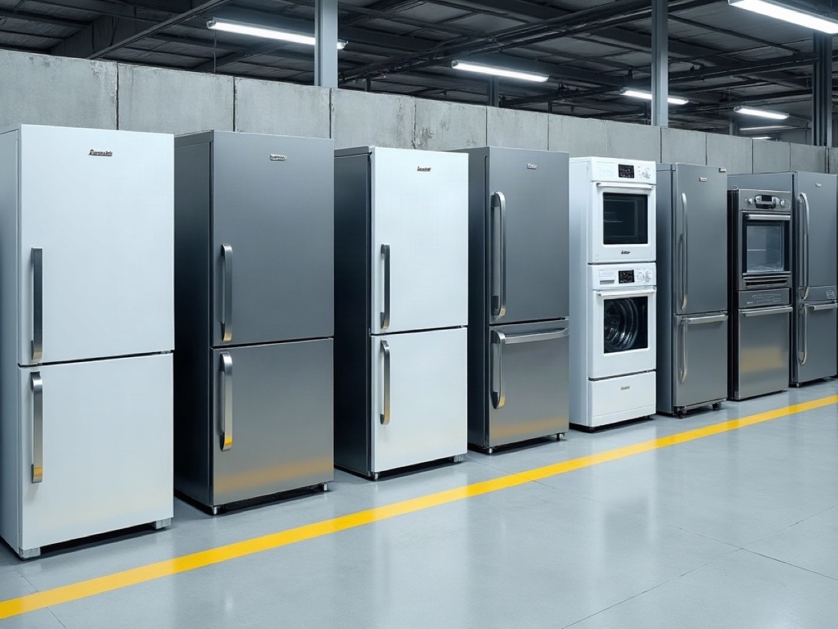 Showroom row of refrigerators, washing machines, and built-in ovens
