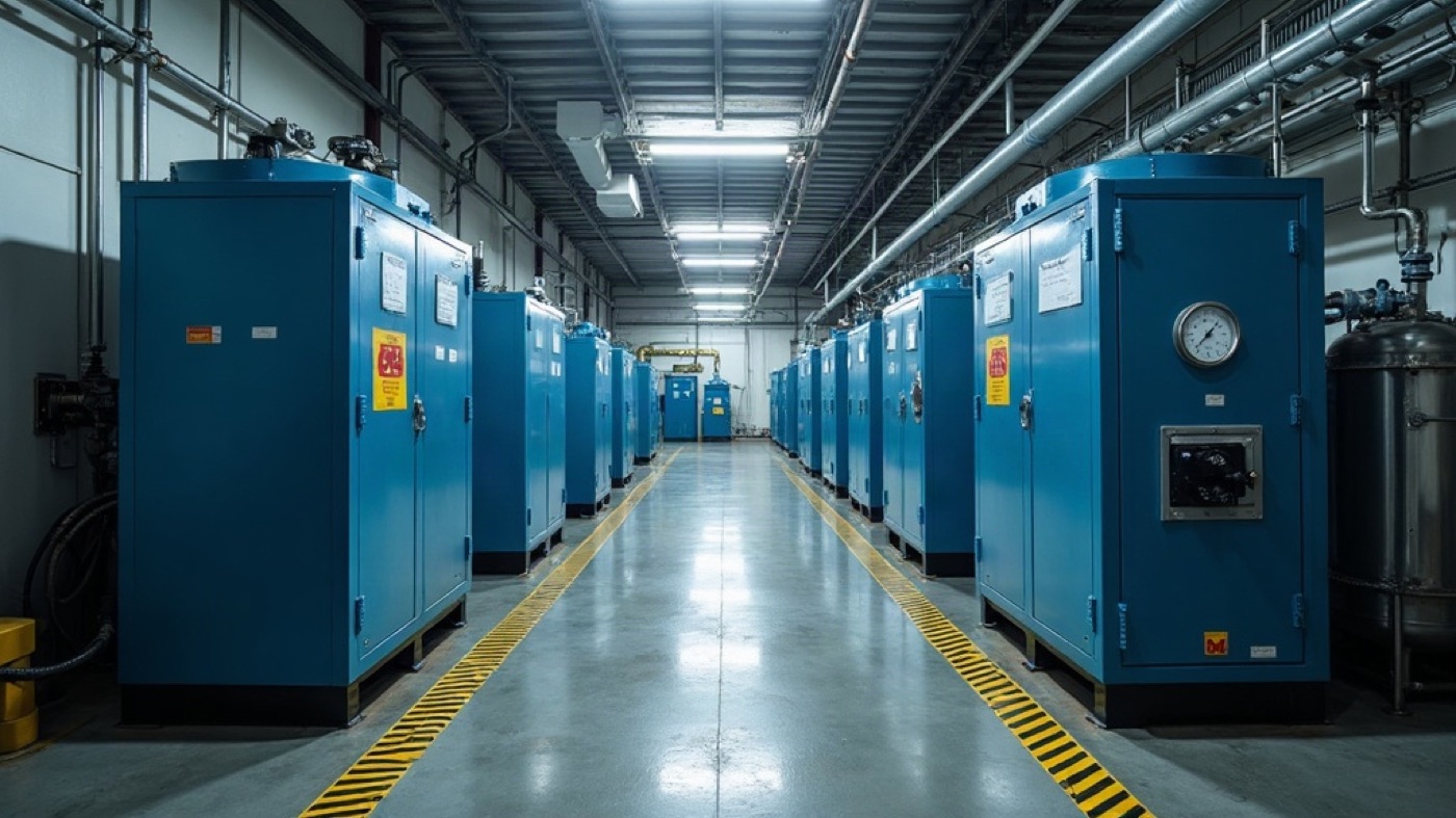 Industrial refrigeration compressors and insulated pipes in a food warehouse plant room