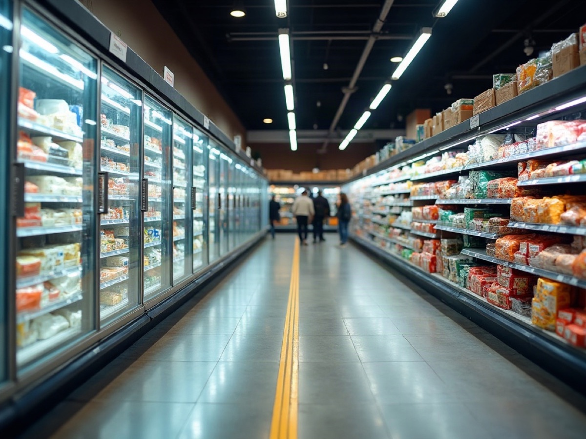 Grocery sales floor with refrigerated cases and a dry aisle beyond