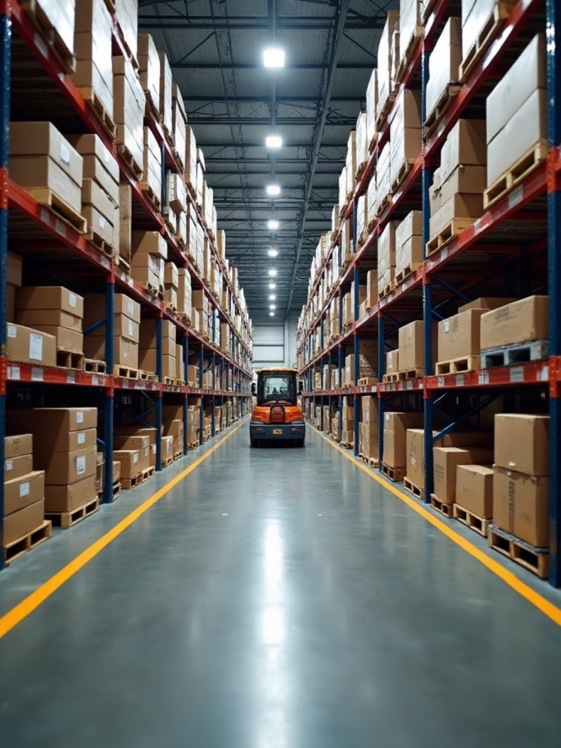 Tall pallet racking filled with food cases in a grocery warehouse aisle